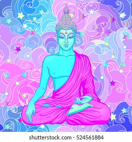 Sitting Buddha over colorful neon background. Vector illustration. Psychdelic  neon composition. Indian, Buddhism, Spiritual Tattoo, yoga, spirituality. Sticker, patch, poster graphic design. 