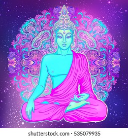 Sitting Buddha over colorful neon background. Vector illustration. Psychedelic neon composition. Indian, Buddhism, Spiritual Tattoo, yoga, spirituality. Sticker, patch, poster graphic design.