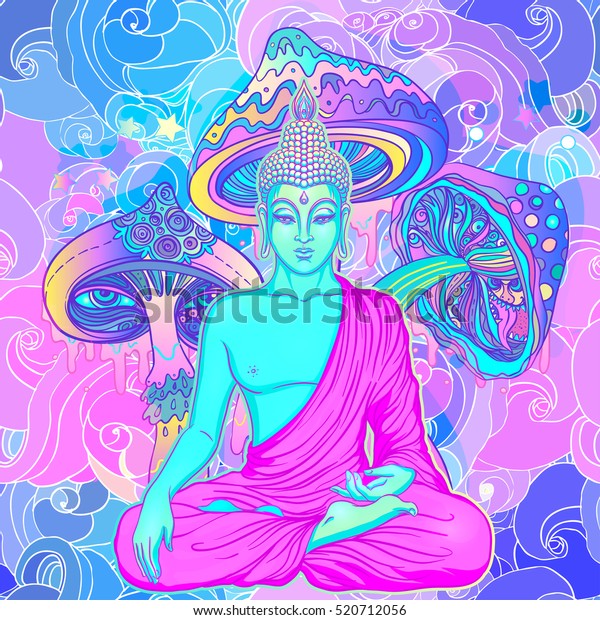 Immagine Vettoriale Stock 520712056 A Tema Buddha Seduto Su Sfondo Neon Colorato Royalty Free
