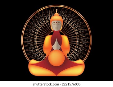 Sitting Buddha over gold Mandala. Esoteric vector illustration. Vintage decorative culture background. Modern stylized drawing. Indian, Buddhism, spiritual art. Golden, spirituality, Thai god, yoga