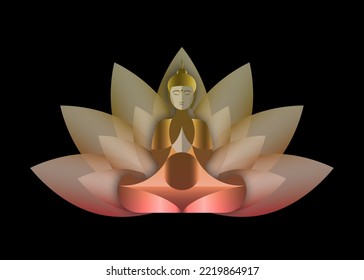 Sitting Buddha over lotus flower. Esoteric vector illustration. Vintage decorative culture background. Modern stylized drawing. Indian, Buddhism, spiritual art. Tattoo, spirituality, Thai god, yoga