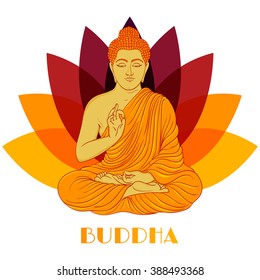 Sitting Buddha over lotus flower background. Hand drawn vector illustration.