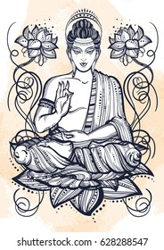 Sitting Buddha over lotus flowers. Hand-drawn beautiful vector art, graphic illustration isolated. Grange watercolor background Religious motives. Prints, posters, textiles