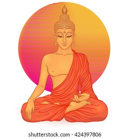 Sitting Buddha over orange circle or sun  isolated on white. Buddha Vector illustration. Vintage decorative composition. Indian, Buddhism, Spiritual motifs. Tattoo, yoga, Buddha spirituality. 