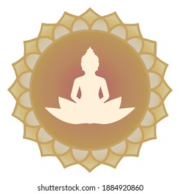Sitting Buddha Over Ornate Mandala Round Vector Illustration. Indian, Buddhism, Spiritual Art. Thai God, Yoga Zen