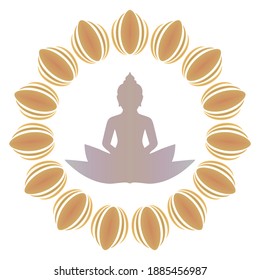 Sitting Buddha Over Ornate Mandala Round Vector Illustration. Indian, Buddhism, Spiritual Art. Thai God, Yoga Zen Sign Isolated On White Background