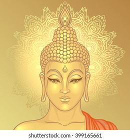 Sitting Buddha over ornate mandala round pattern. Vector illustration. Vintage decorative composition. Indian, Buddhism, Spiritual motifs. Tattoo, yoga, spirituality. 