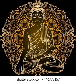 Sitting Buddha over ornate mandala round pattern. Esoteric vector illustration. Vintage decorative culture background. Indian, Buddhism, spiritual art. Hippie tattoo, spirituality, Thai god, yoga zen