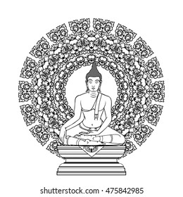 Sitting Buddha over ornate mandala round pattern. Esoteric vector illustration. Vintage decorative culture background. Indian, Buddhism, spiritual art. Thai god Lord - Buddha.