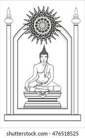 Sitting Buddha over ornate mandala round pattern. Esoteric vector illustration. Vintage decorative culture background. Indian, Buddhism, spiritual art. Thai god Lord - Buddha.