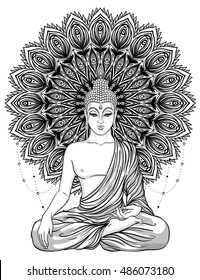 Sitting Buddha over ornate mandala round pattern. Esoteric vintage vector illustration. Indian, Buddhism, spiritual art. Hippie tattoo, spirituality, Thai god, yoga zen Coloring book pages for adults.