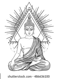 Sitting Buddha over sacred geometry. Esoteric vintage vector illustration. Indian, Buddhism, spiritual art. Hippie tattoo, spirituality, Thai god, yoga zen Coloring book pages for adults.