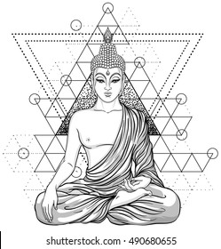 Sitting Buddha over sacred geometry. Esoteric vintage vector illustration. Indian, Buddhism, spiritual art. Hippie tattoo, spirituality, Thai god, yoga zen Coloring book pages for adults.