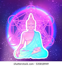 Sitting Buddha over sacred geometry sign background. Vector illustration. Psychedelic neon composition. Indian, Buddhism, Spiritual Tattoo, yoga, spirituality. Sticker, patch, poster graphic design