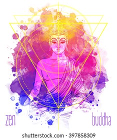 Sitting Buddha over watercolor background. Vector illustration. Vintage decorative composition. Indian, Buddhism, Spiritual motifs. Tattoo, yoga, spirituality. 