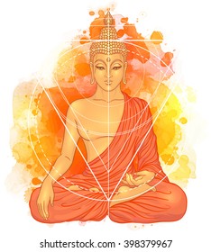 Sitting Buddha over watercolor background. Vector illustration. Vintage decorative composition. Indian, Buddhism, Spiritual motifs. Tattoo, yoga, spirituality. 