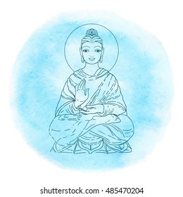 Sitting Buddha over watercolor background. Vector illustration. Vintage decorative composition. Indian, Buddhism, Spiritual motifs. Tattoo, yoga, spirituality.