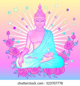 Sitting Buddha with pink roses on background. Vector illustration. Psychedelic  neon composition. Indian, Buddhism, Spiritual Tattoo, yoga, spirituality. Sticker, patch, poster graphic design. 