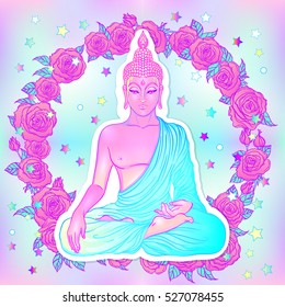 Sitting Buddha with pink roses on background. Vector illustration. Psychedelic  neon composition. Indian, Buddhism, Spiritual Tattoo, yoga, spirituality. Sticker, patch, poster graphic design. 