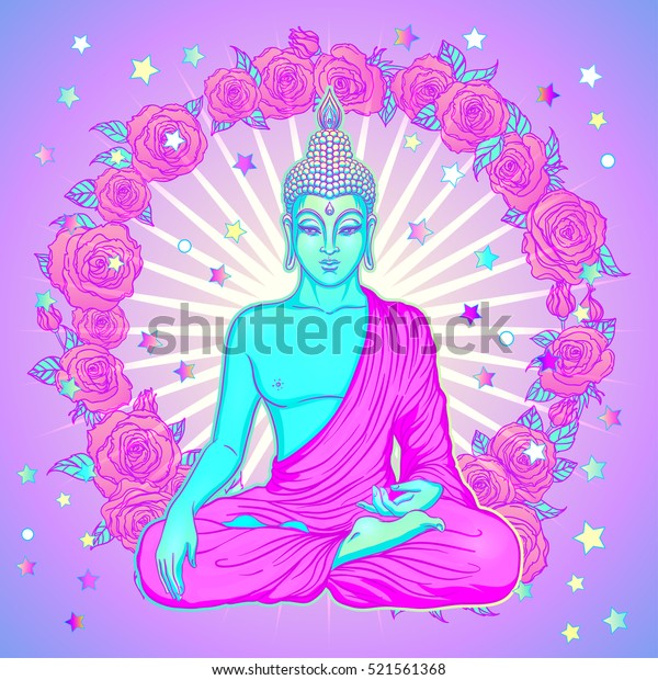 Sitting Buddha Pink Roses On Background Stock Vector (Royalty Free ...