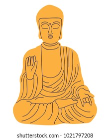 Sitting buddha, buddha praying, buddha sitting in lotus pose. Vector illustration in flat style isolated on white background.