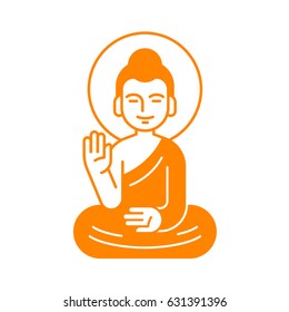 Sitting Buddha with raised hand in simple, modern flat cartoon style. Isolated vector illustration, icon or logo.