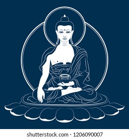 Sitting Buddha Shakyamuni vector illustration over the dark blue background. Tibetan buddhism traditional Buddha illustration.