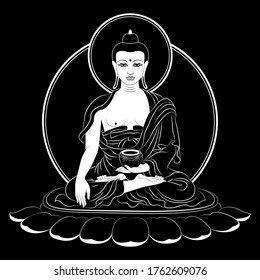 Sitting Buddha Shakyamuni vector illustration over the black background. Tibetan buddhism traditional Buddha illustration.