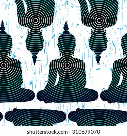 Sitting Buddha silhouette with circles. Vector seamless pattern