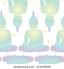 Sitting Buddha silhouette with circles. Vector seamless pattern