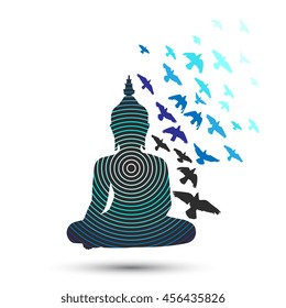 Sitting Buddha silhouette isolated on white background. Group of birds in separate layer