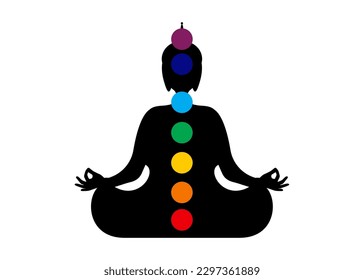 Sitting Buddha silhouette in meditation with chakras. Seven chakras, energy body and Yogi meditating in the lotus position. Vector illustration isolated on white background 