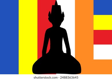 Sitting Buddha silhouette over Buddhism flag vector illustration. Indian, Buddhism, Spiritual Buddha, yoga, spirituality. Oriental culture. East religion orient.