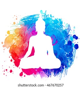 Sitting Buddha silhouette over watercolor background. Vector illustration. Vintage decorative composition. Indian, Buddhism, Spiritual motifs. Tattoo, yoga, spirituality. 