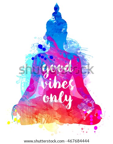 Sitting Buddha silhouette over watercolor background. Vector illustration. Vintage decorative composition. Indian, Buddhism, Spiritual motifs. Tattoo, yoga, spirituality. 