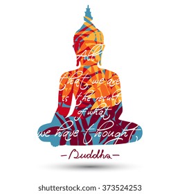 Sitting Buddha silhouette with quote isolated on white background