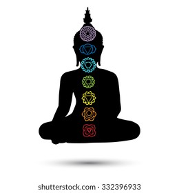 Sitting Buddha silhouette with the seven main spiritual dots. Vector illustration