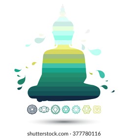 Sitting Buddha silhouette with the seven main spiritual dots. Vector illustration