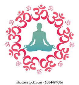Sitting Buddha Silhouette Vector Illustration.  Indian, Buddhism, Spiritual Motifs Isolated On White Background. Om Aum Symbol Of Hinduism
