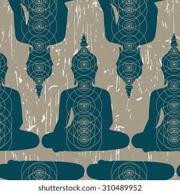 Sitting Buddha silhouette. Vector seamless pattern. Grunge effect in separate layer