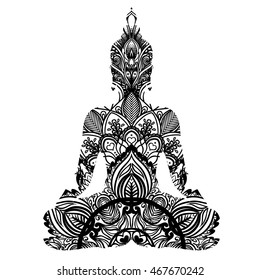 Sitting Buddha silhouette. Vintage decorative vector illustration isolated on white. Mehenidi ornate decorative style. Yoga studio, Indian, Buddhism, Esoteric coloring book for adults.