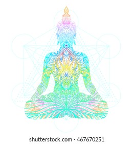 Sitting Buddha silhouette. Vintage decorative vector illustration. Hand drawn mandala. Mehenidi ornate decorative style. Yoga studio, Indian, Buddhism, Esoteric motifs. Tattoo, yoga, spirituality.