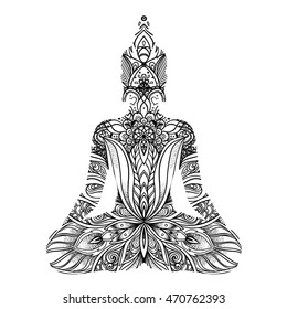 Sitting Buddha silhouette. Vintage decorative vector illustration isolated on white. Mehenidi ornate decorative style. Yoga studio, Indian, Buddhism, Esoteric coloring book for adults.