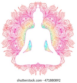 Sitting Buddha silhouette. Vintage decorative vector illustration. Hand drawn mandala. Mehenidi ornate decorative style. Yoga studio, Indian, Buddhism, Esoteric motifs. Tattoo, yoga, spirituality.