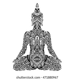 Sitting Buddha silhouette. Vintage decorative vector illustration isolated on white. Mehenidi ornate decorative style. Yoga studio, Indian, Buddhism, Esoteric coloring book for adults.