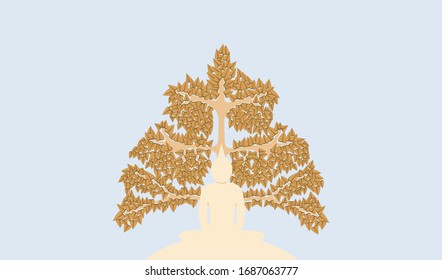 Sitting Buddha statue vector under Bodhi tree isolated on light blue background, flat vector for web graphic design