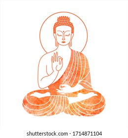 Sitting Buddha watercolor vector illustration. Hand in Vitarka Mudra gesture - debate and transmission of Buddhist teaching. Indian, yoga, esoteric watercolour design element for cards, posters. 