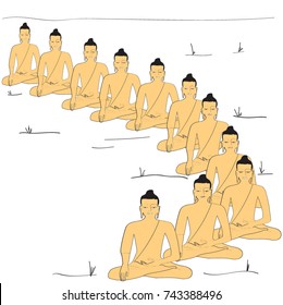 sitting buddhas in a row one after another, avatar, meditating yoga, samadhi, religious ritual, buddha parampara. Freehand drawing vector. 