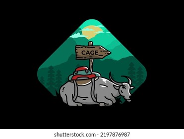 Sitting buffalo animal vector clip art illustration badge design