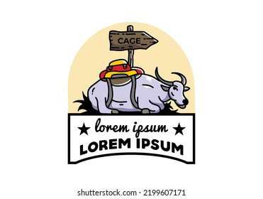 Sitting buffalo animal vector clip art illustration badge design